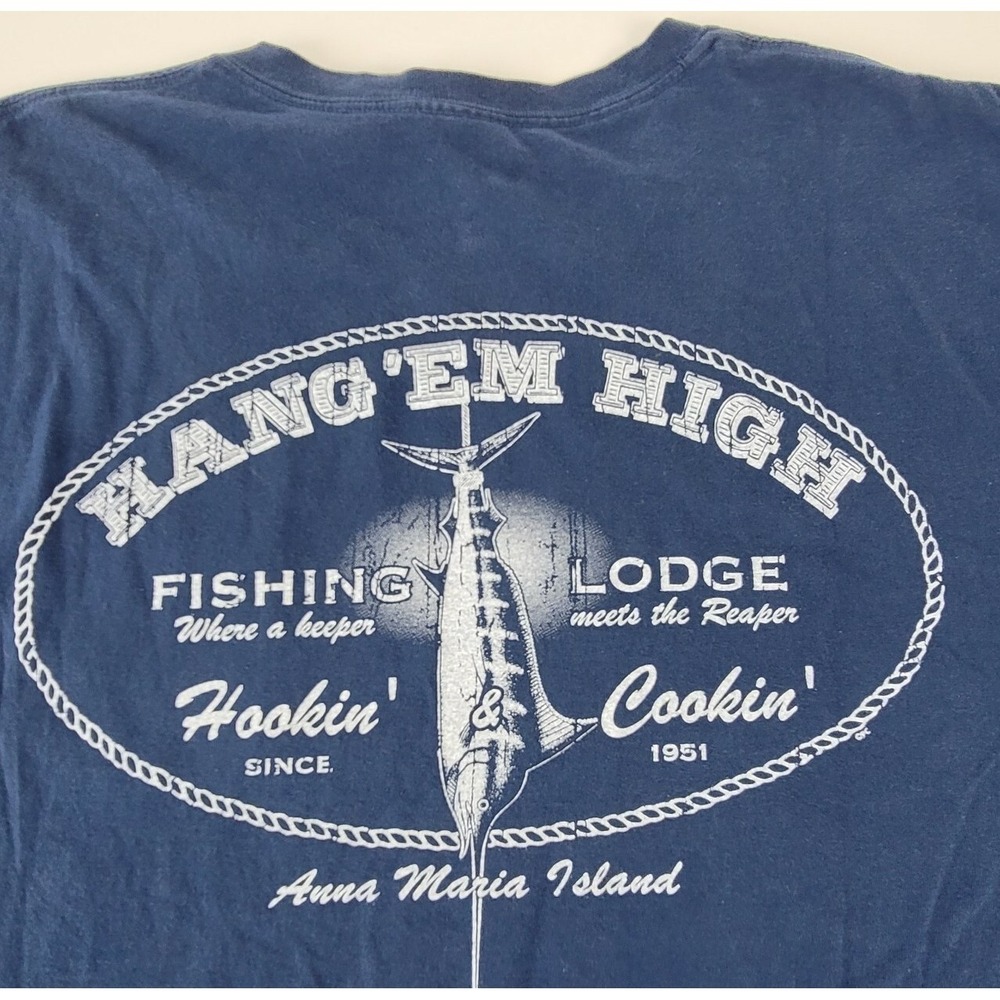 Hand' Em High Fishing Lodge Resort Anne Marie Island T Shirt Tee Navy Men's L